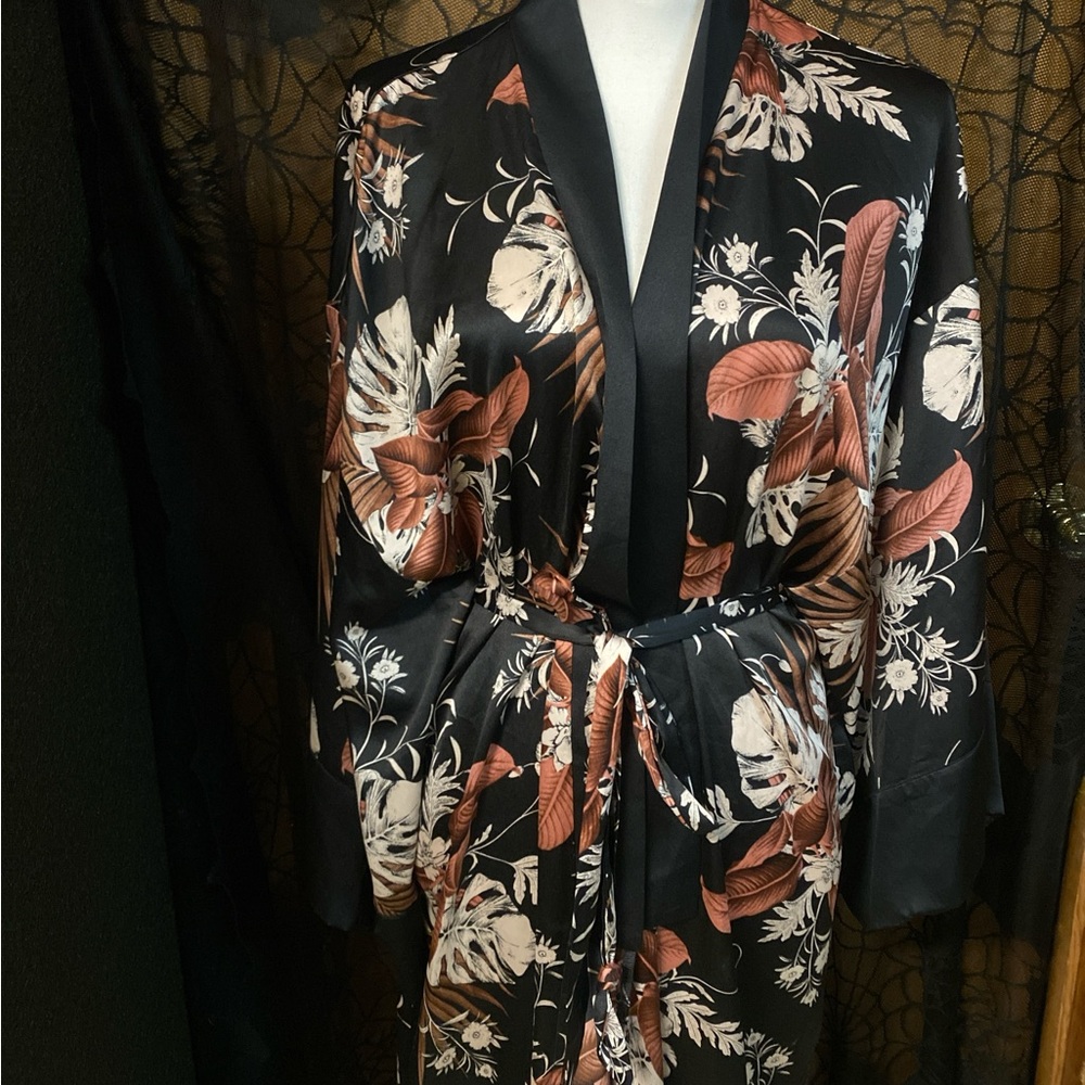 Floral Satin Kimono Robe - Black and Brown